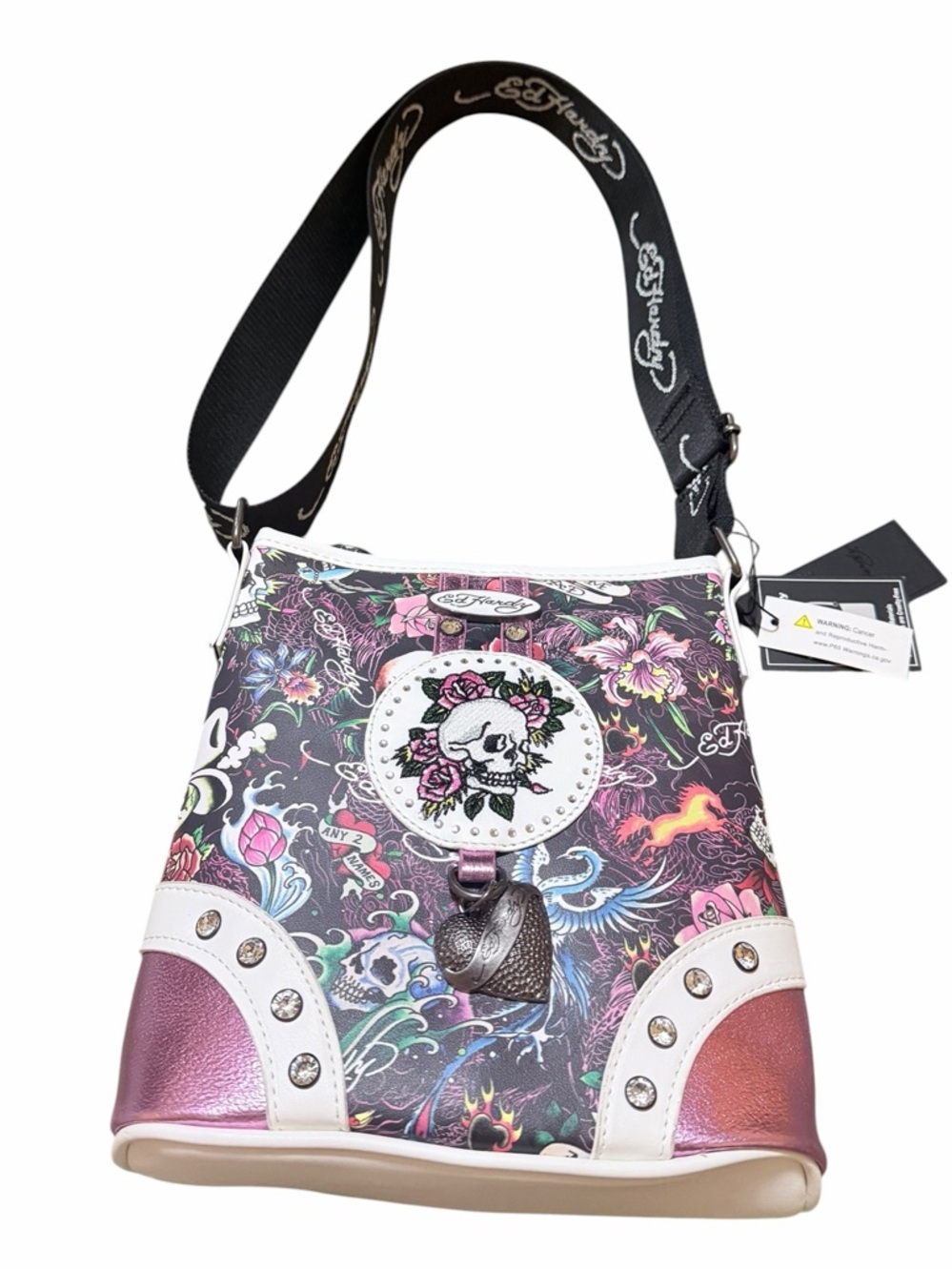 🌼💚NWT Ed Hardy Women's Slim Skull & Roses Crossbody Bag - Black & Pink - Picture 4 of 10